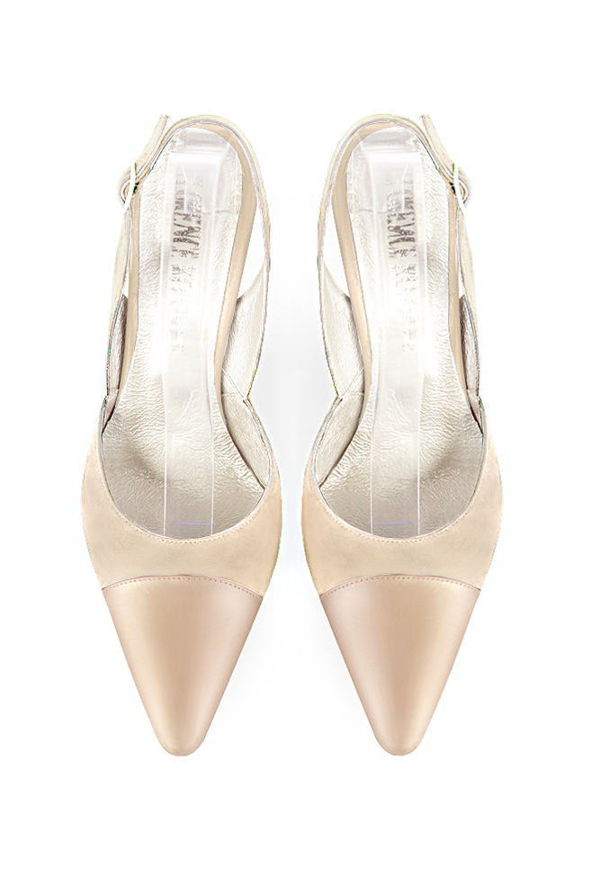 Women's gold and champagne white elegant slingback heels. .  - Top view